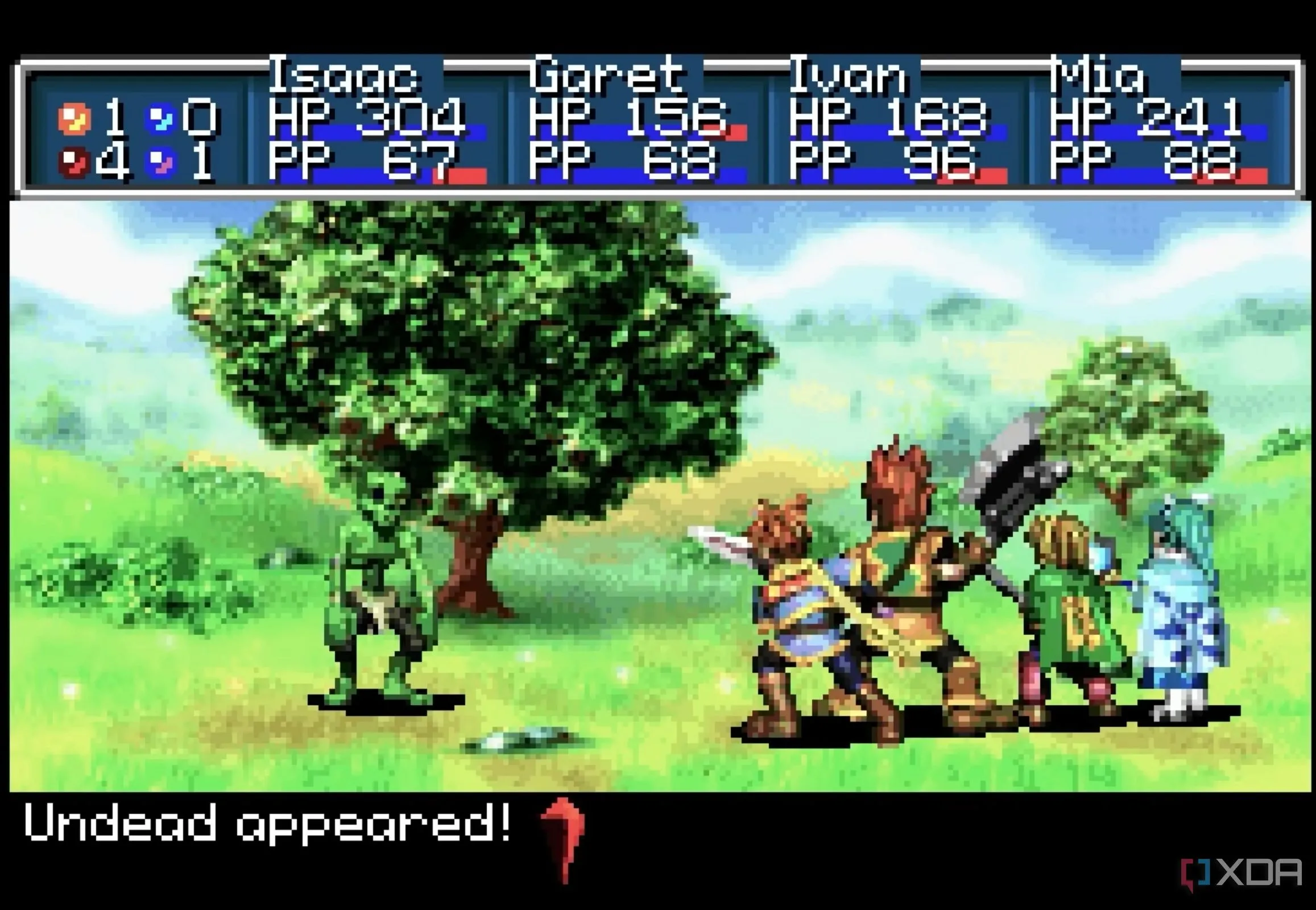 Giao diện chiến đấu với các Psynergy và Djinn trong Golden Sun trên Game Boy Advance