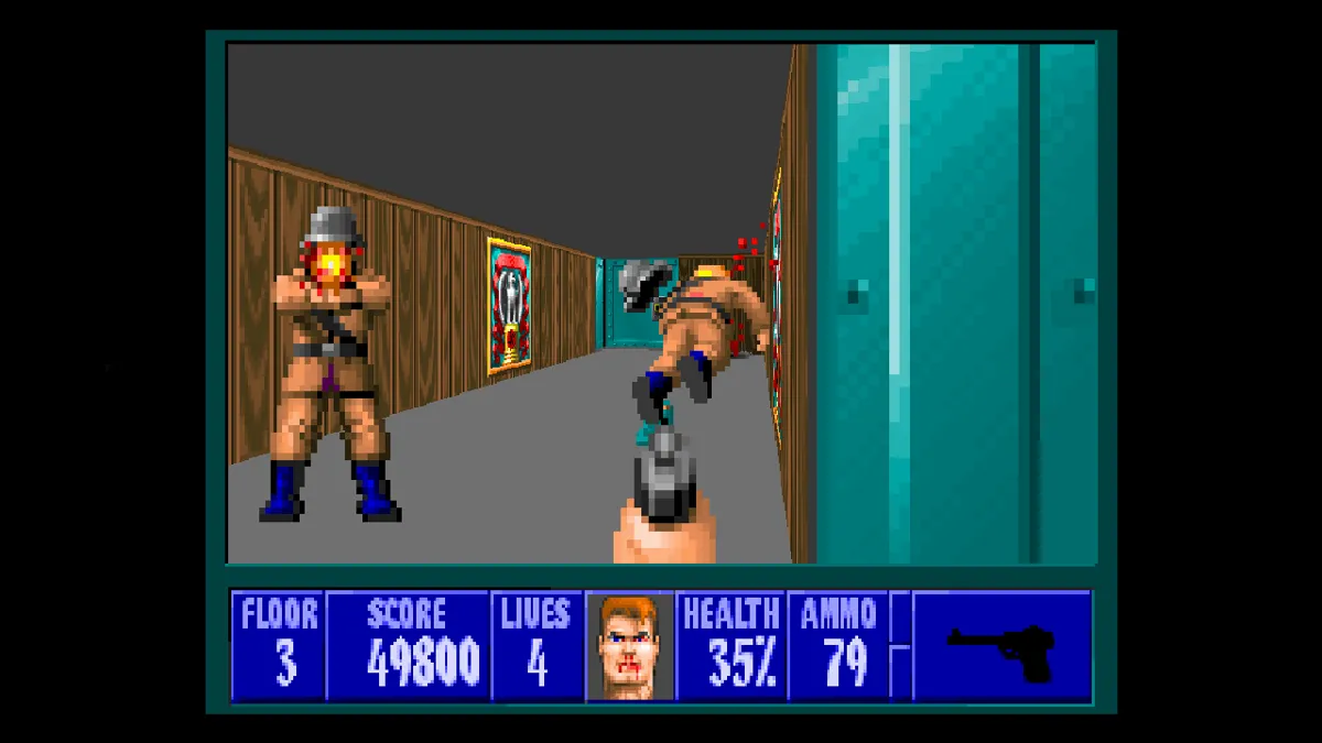 Giao diện chơi game Wolfenstein 3D cổ điển với bản đồ và chỉ số