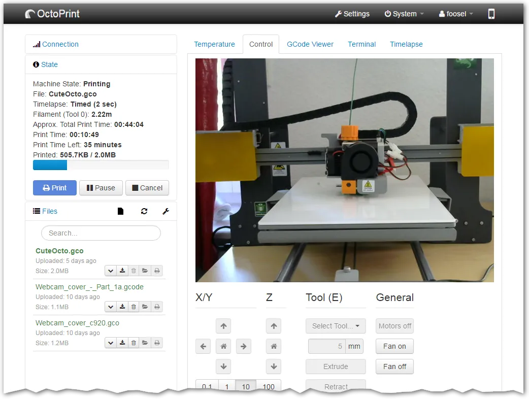 Giao diện điều khiển OctoPrint cho time-lapse