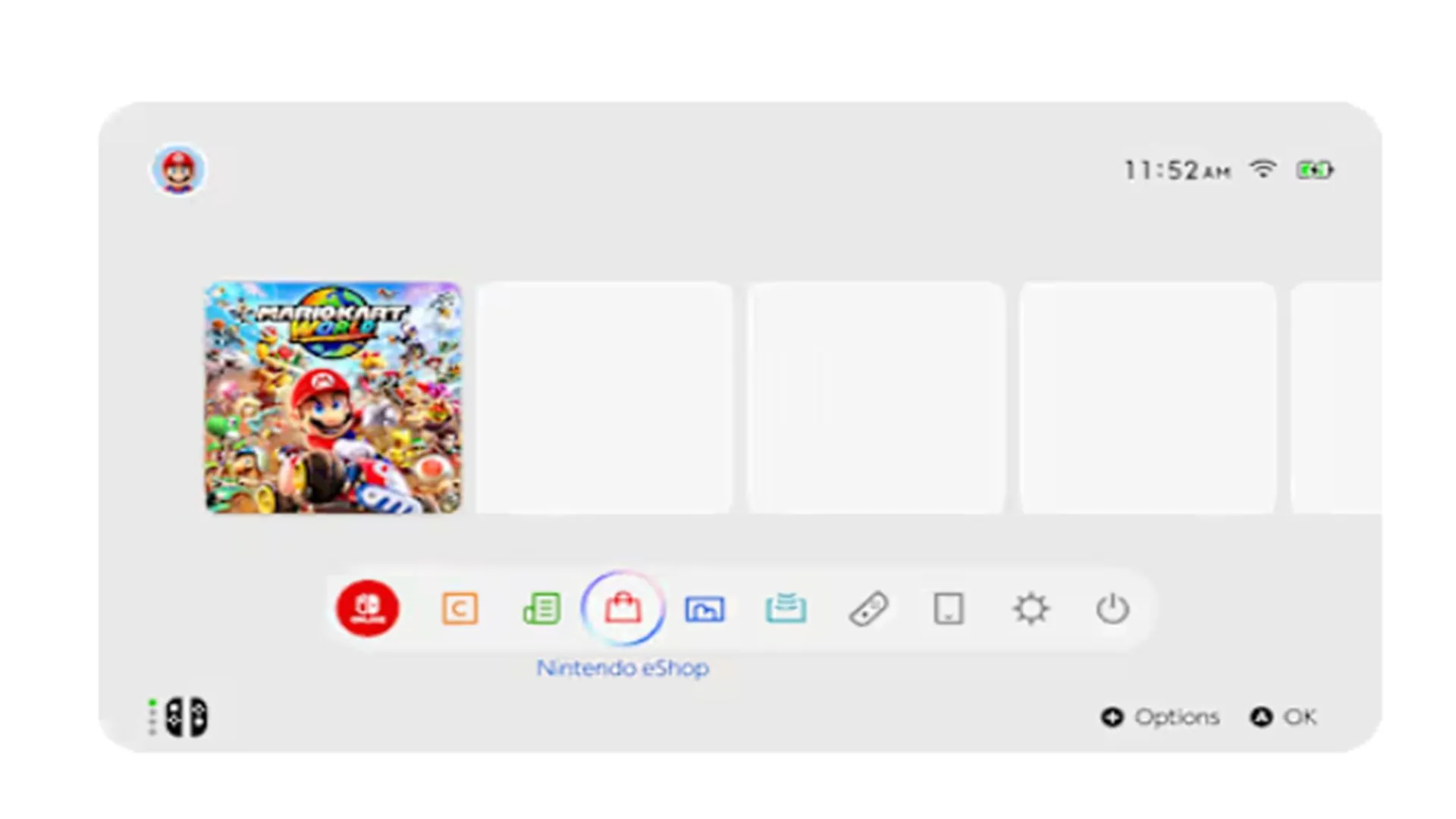 Giao diện màn hình chính của Nintendo Switch 2, nhìn tương tự phiên bản tiền nhiệm