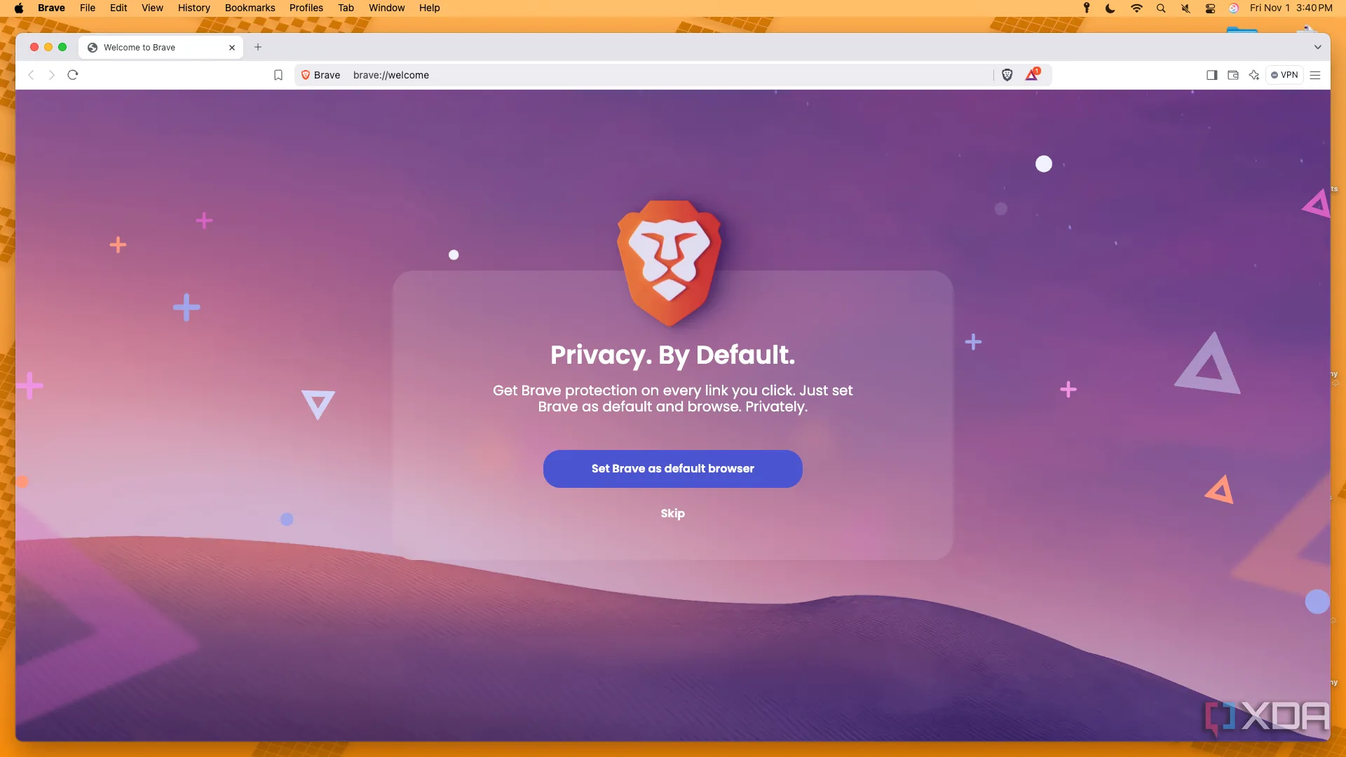 Giao diện màn hình chính của trình duyệt Brave trên macOS, thể hiện cam kết bảo vệ quyền riêng tư người dùng.