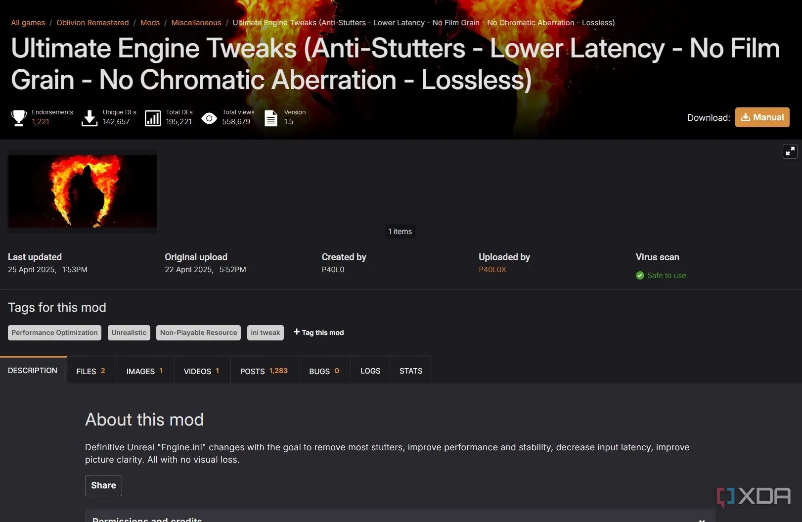 Giao diện mod Ultimate Engine Tweaks cho Oblivion Remastered giúp tối ưu file engine.ini