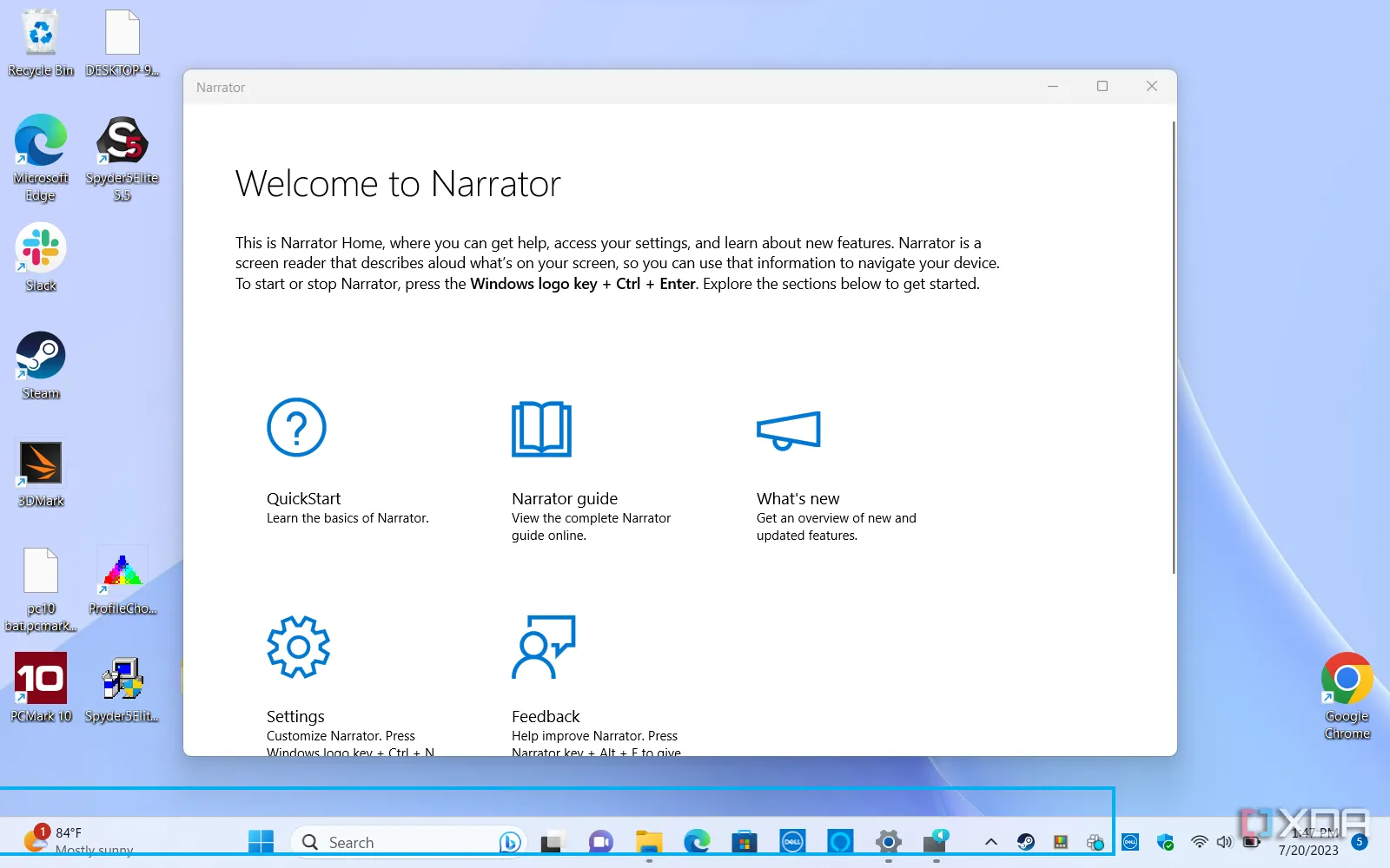 Giao diện Narrator của Windows 11 trên màn hình desktop, cho thấy các công cụ đọc văn bản hệ thống cũng hữu ích như tiện ích trình duyệt