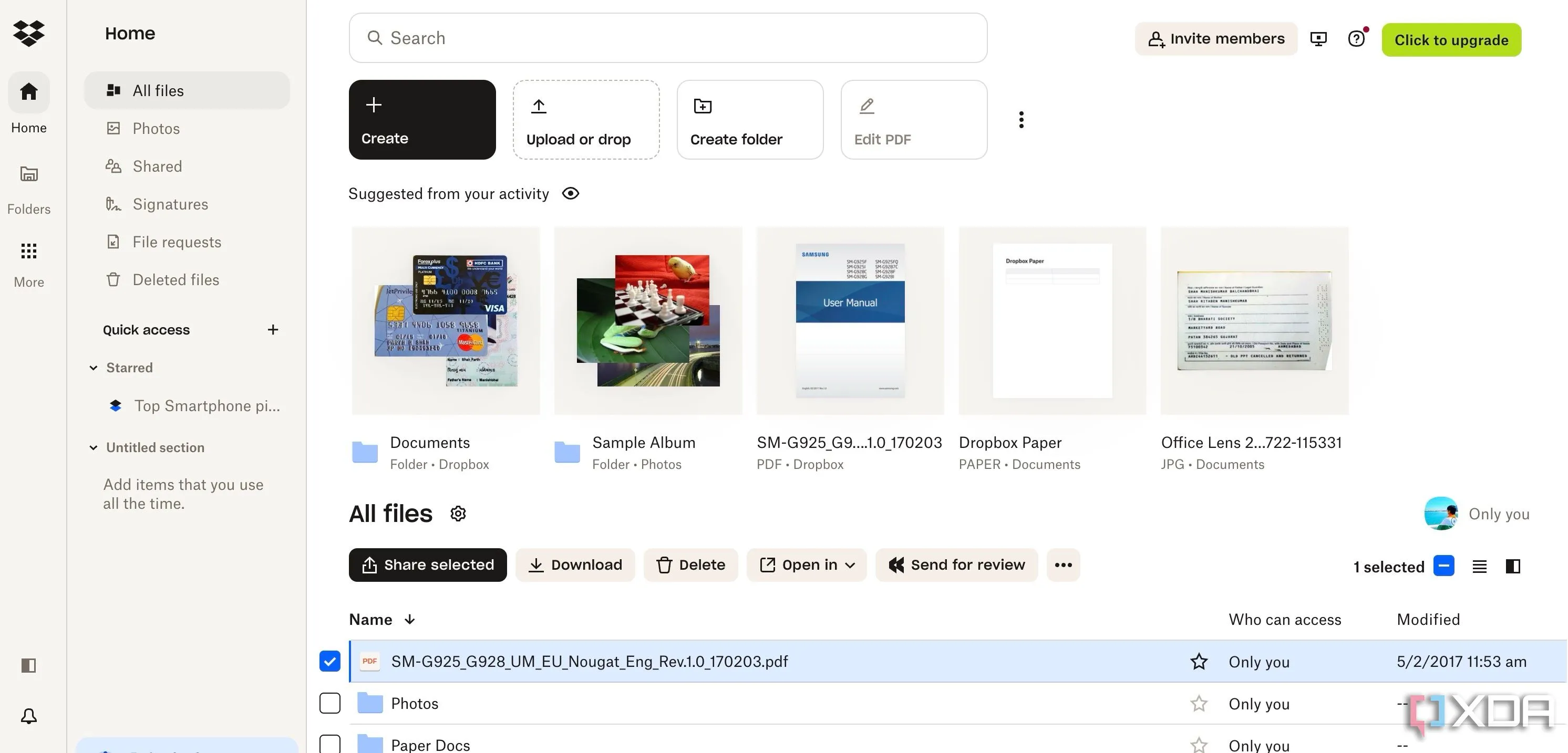 Giao diện người dùng Dropbox trên trình duyệt, minh họa tính năng chia sẻ liên kết dễ dàng