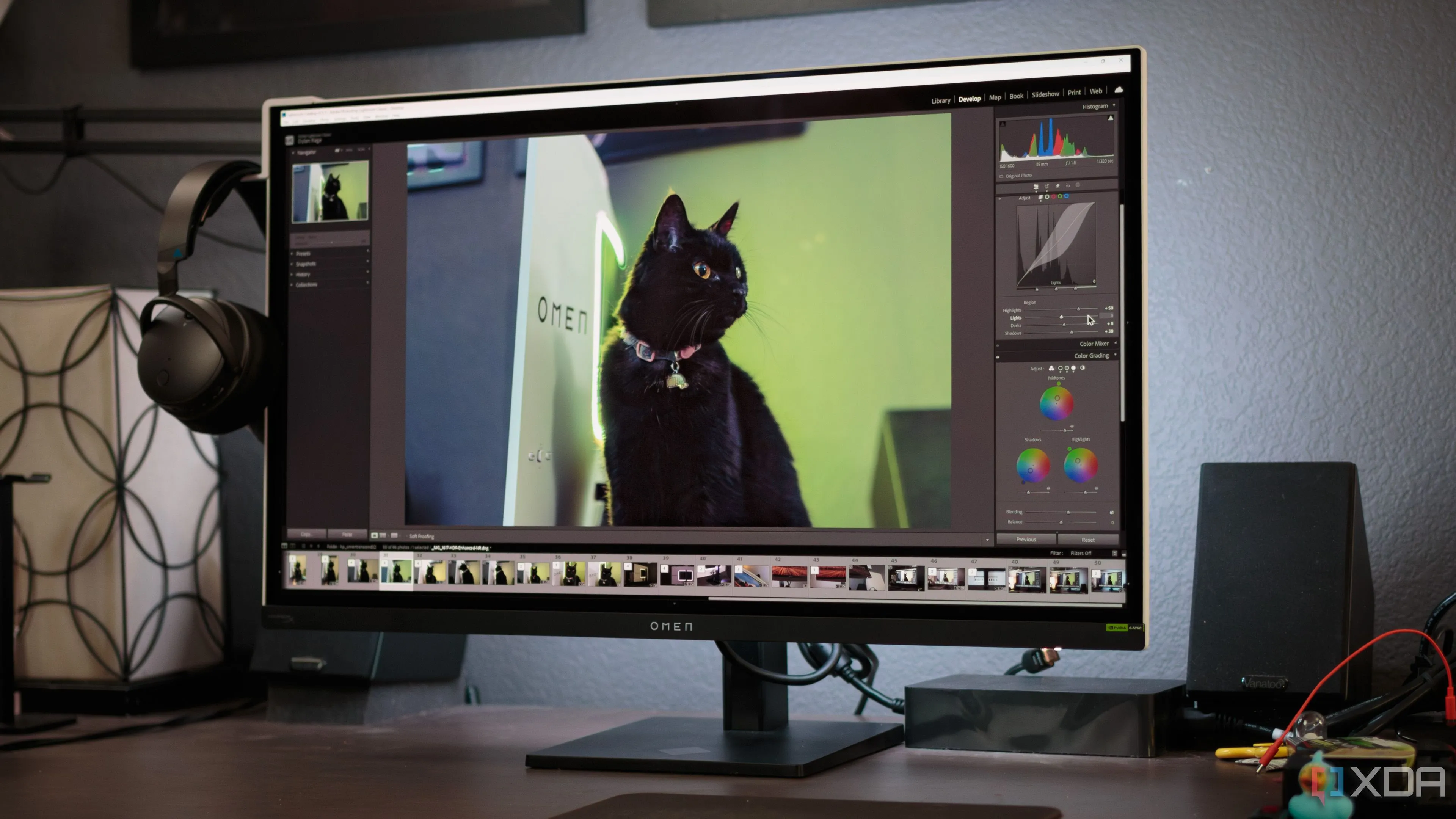 Giao diện phần mềm Adobe Lightroom đang hiển thị một bức ảnh trên màn hình HP OMEN Transcend 32 OLED, thể hiện khả năng tái tạo màu sắc sống động của tấm nền OLED trong chỉnh sửa ảnh chuyên nghiệp.