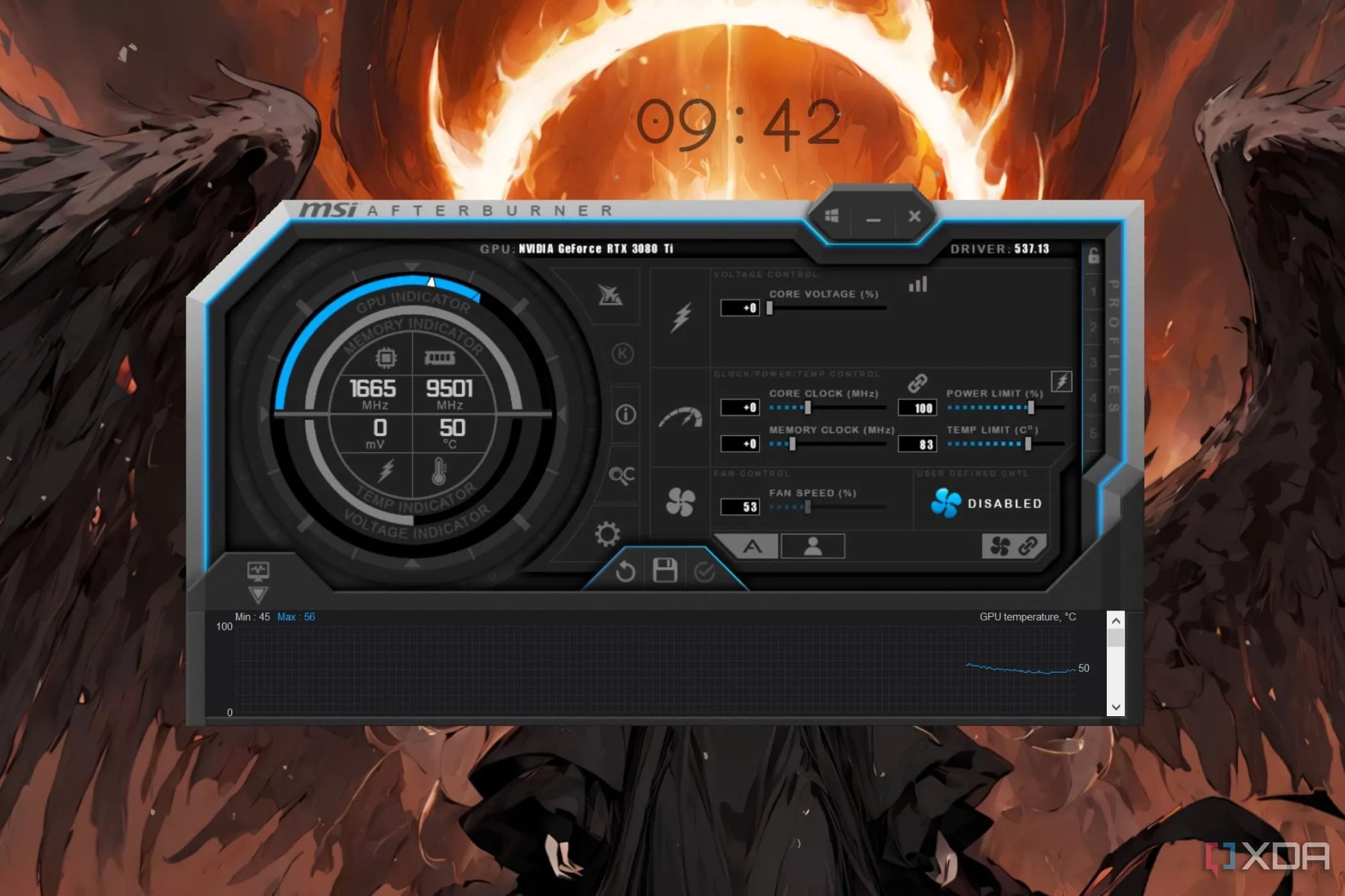 Giao diện phần mềm MSI Afterburner, hiển thị tùy chọn điều chỉnh Power Limit