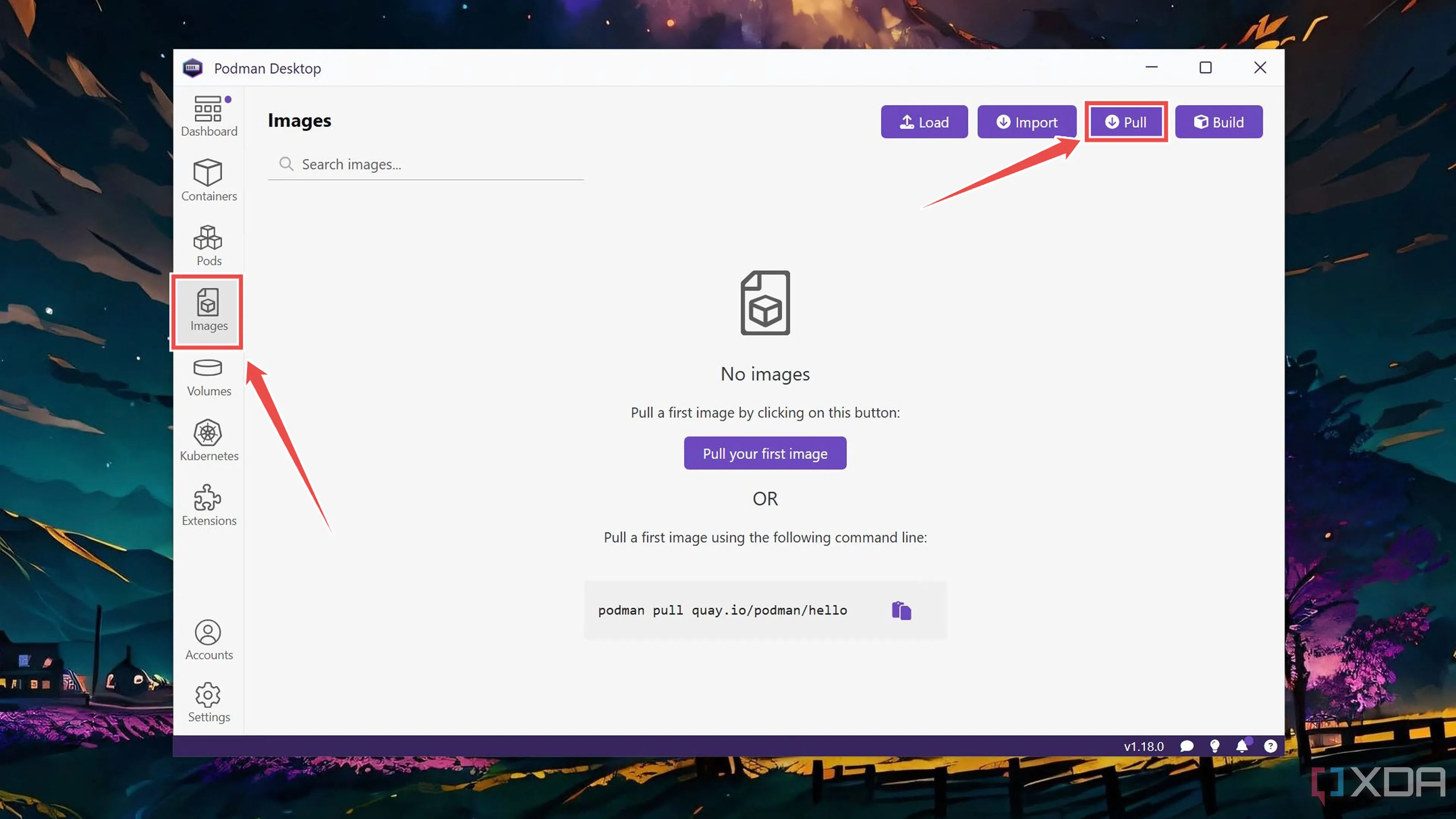 Giao diện Podman Desktop với tab &quot;Images&quot; được chọn, hiển thị nút &quot;Pull&quot; để kéo các container image về.