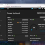 Giao diện quản lý bộ nhớ (Storage Dashboard) trên TrueNAS Scale, hiển thị các ổ đĩa và pool.