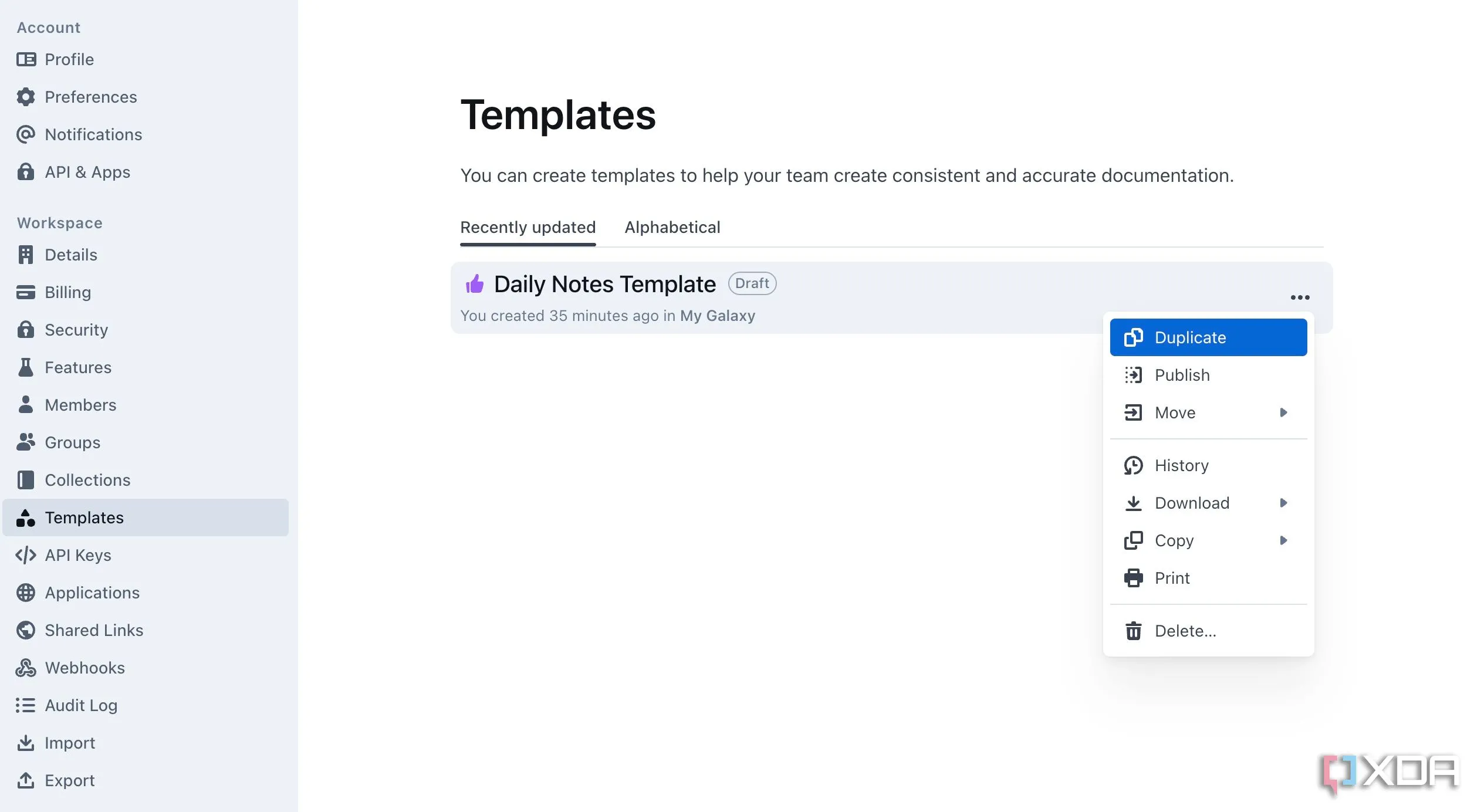 Giao diện quản lý và tạo mẫu ghi chú tùy chỉnh (Templates) trong Outline