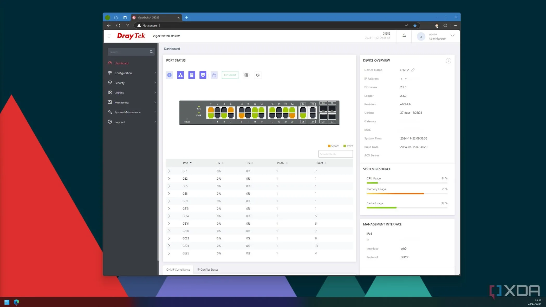 Giao diện quản lý web của switch hiển thị trạng thái và lưu lượng truy cập của từng cổng mạng, hỗ trợ giám sát chuyên sâu
