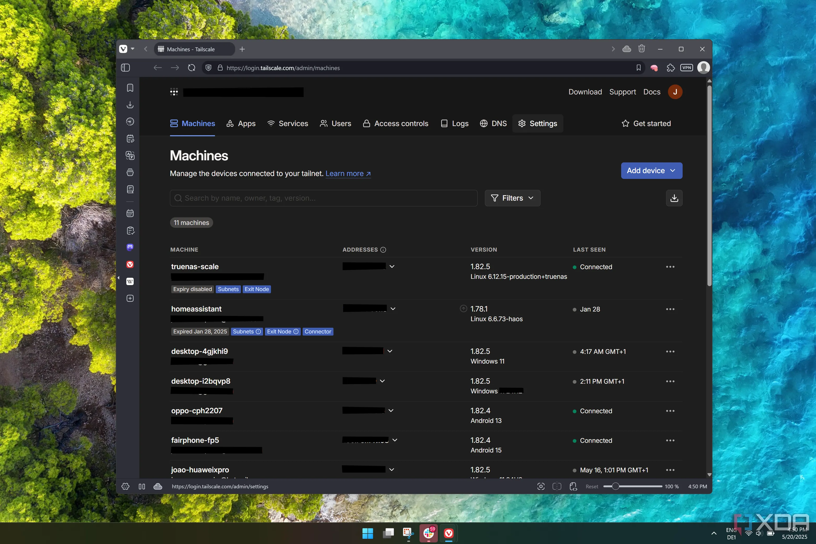 Giao diện quản trị Tailscale trên trình duyệt web Windows 11, minh họa khả năng truy cập máy chủ tại nhà an toàn từ xa