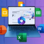 Giao diện so sánh ứng dụng Microsoft 365 và Google Docs trên màn hình máy tính xách tay