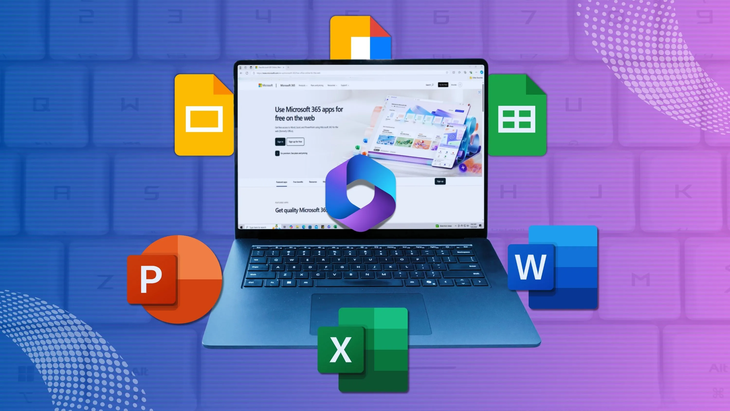 Giao diện so sánh ứng dụng Microsoft 365 và Google Docs trên màn hình máy tính xách tay