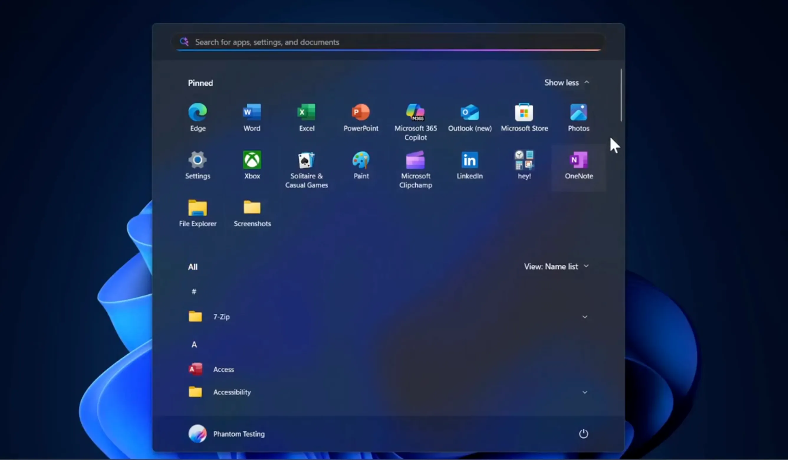 Giao diện Start Menu Windows 11 mới rộng rãi hơn với chế độ cuộn duy nhất, hiển thị các ứng dụng ghim và đề xuất.