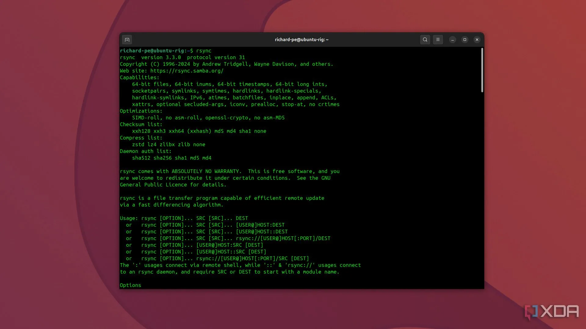 Giao diện terminal Ubuntu 24.10 với lệnh Rsync đang chạy để đồng bộ hóa và sao lưu dữ liệu hiệu quả.