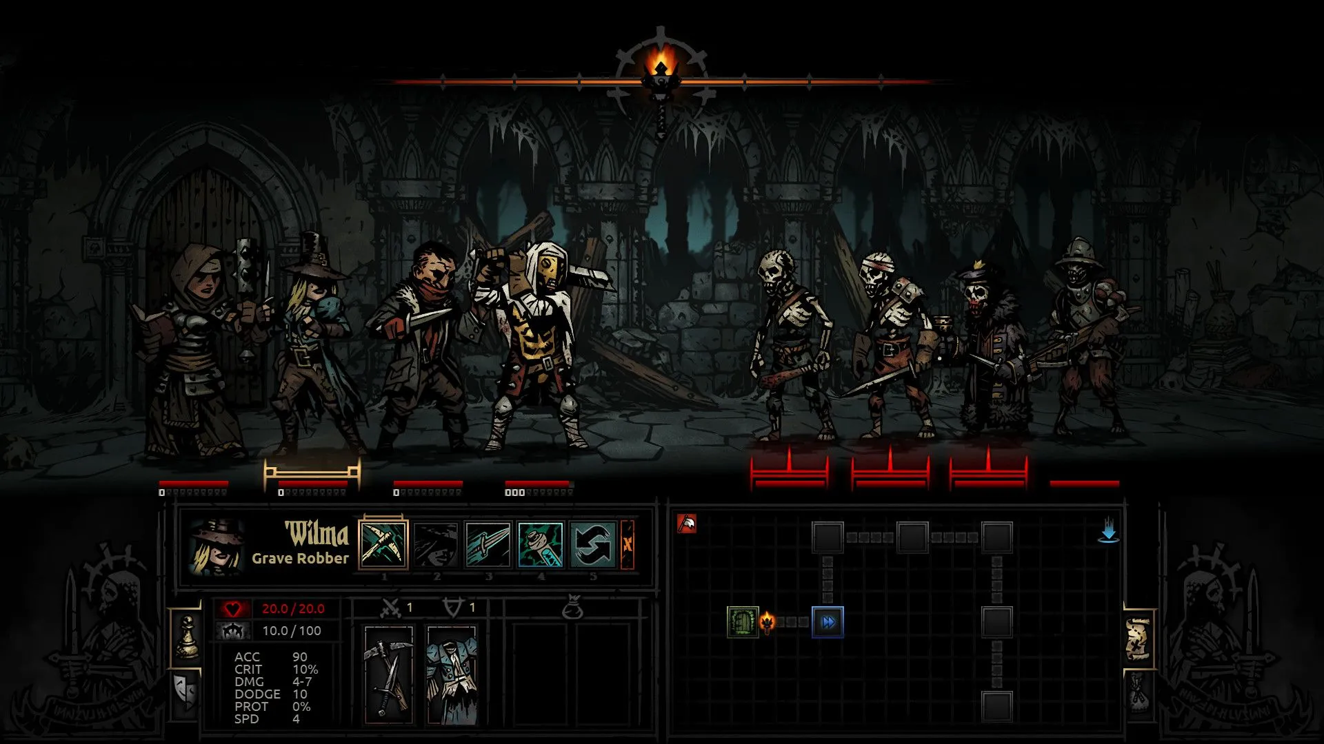 Giao diện thanh Stress và trạng thái tâm lý nhân vật trong game Darkest Dungeon