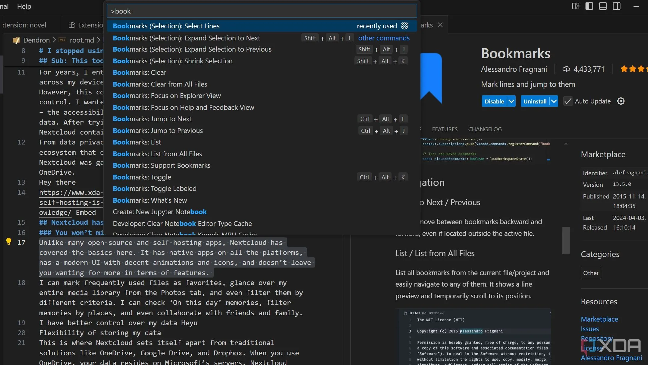 Giao diện tiện ích Bookmarks trong VS Code, hiển thị danh sách các dòng văn bản được đánh dấu