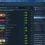 Giao diện tìm kiếm cửa hàng Steam với các bộ lọc giá và khuyến mãi