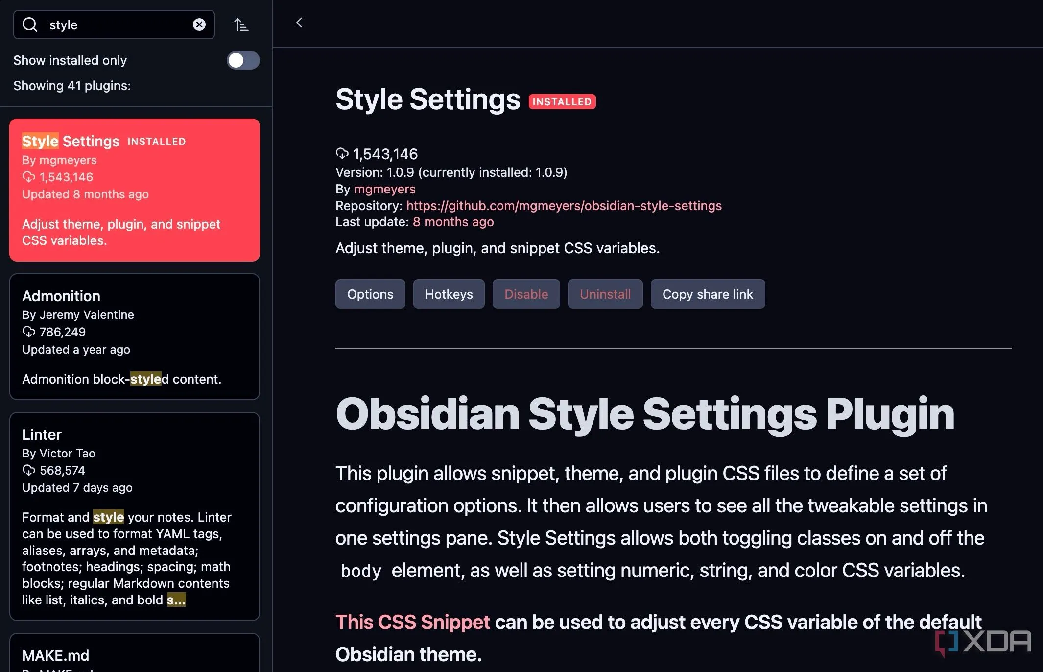 Giao diện tìm kiếm plugin cộng đồng của Obsidian, hiển thị plugin Style Settings sẵn sàng để cài đặt