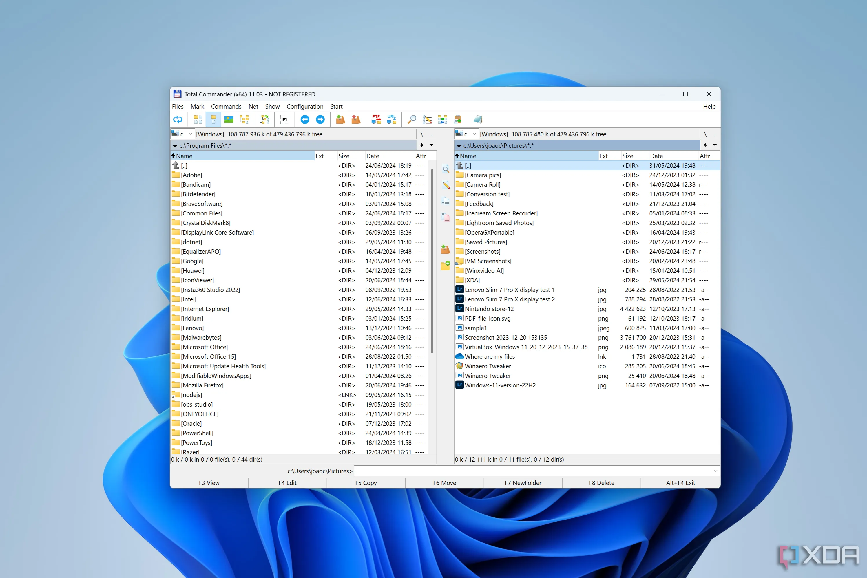 Giao diện Total Commander trên Windows 11 với tính năng điều hướng hai cửa sổ (dual-pane), một điểm yếu của File Explorer.