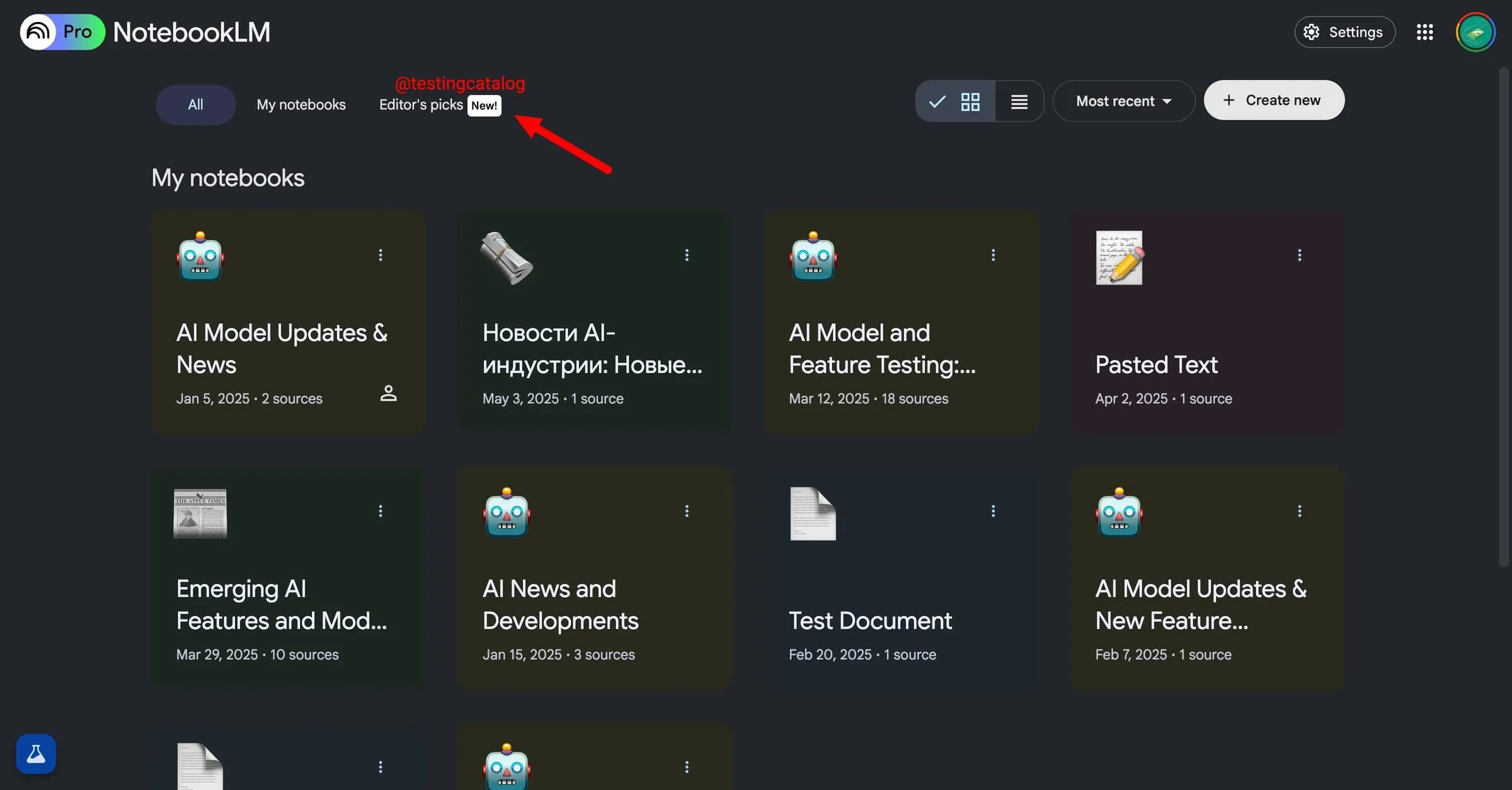Giao diện trang chủ Google NotebookLM với phần Editor's Picks mới được phát hiện
