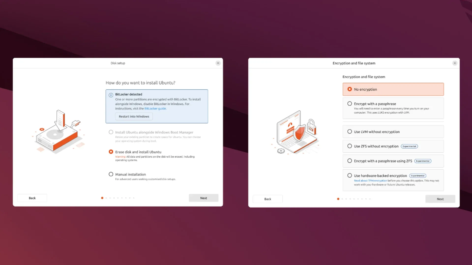 Giao diện trình cài đặt Ubuntu 25.04 Plucky Puffin mới, hiển thị các tùy chọn thiết lập hệ điều hành.