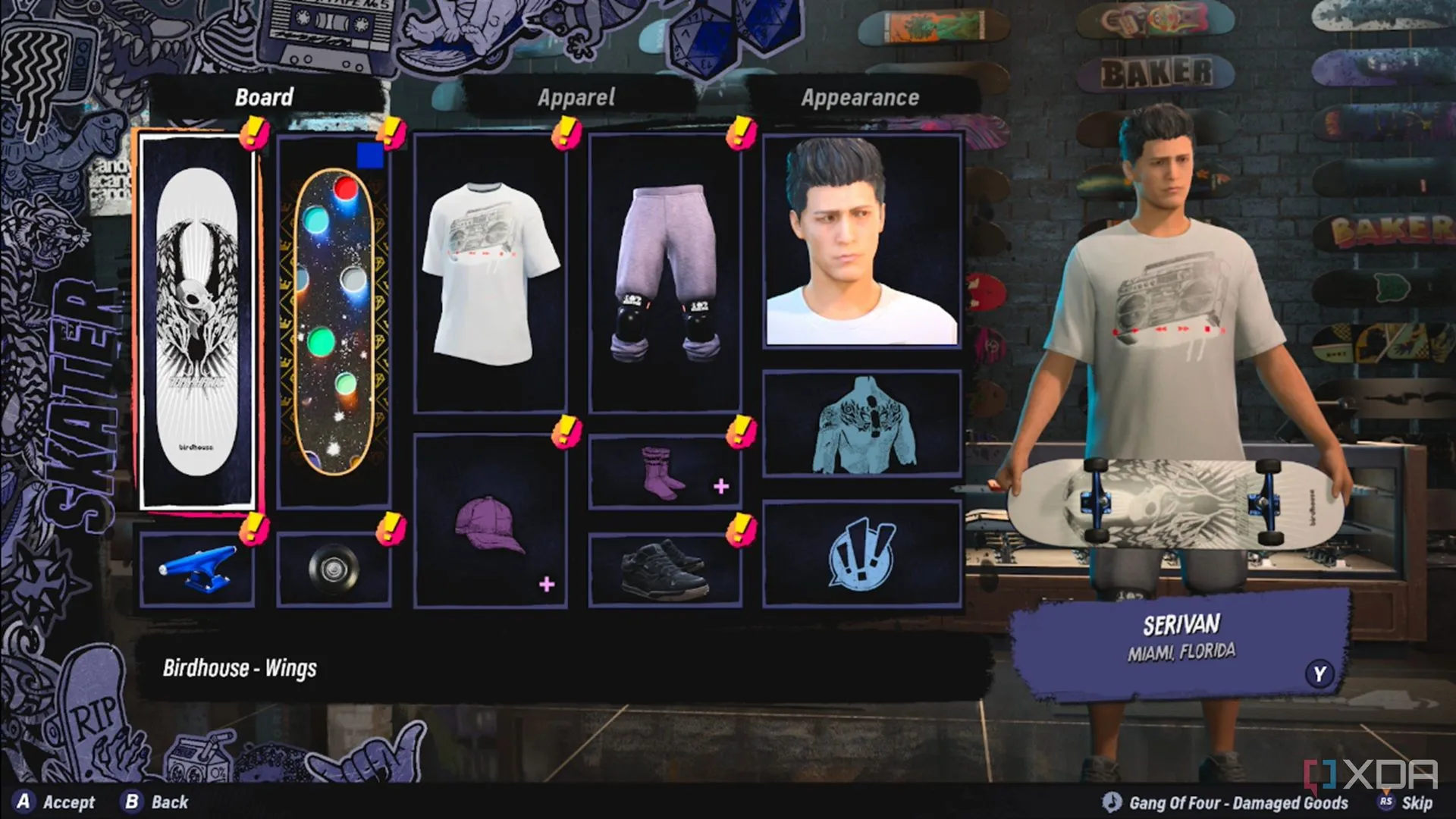 Giao diện tùy chỉnh nhân vật Create-A-Skater trong Tony Hawk's Pro Skater 3+4