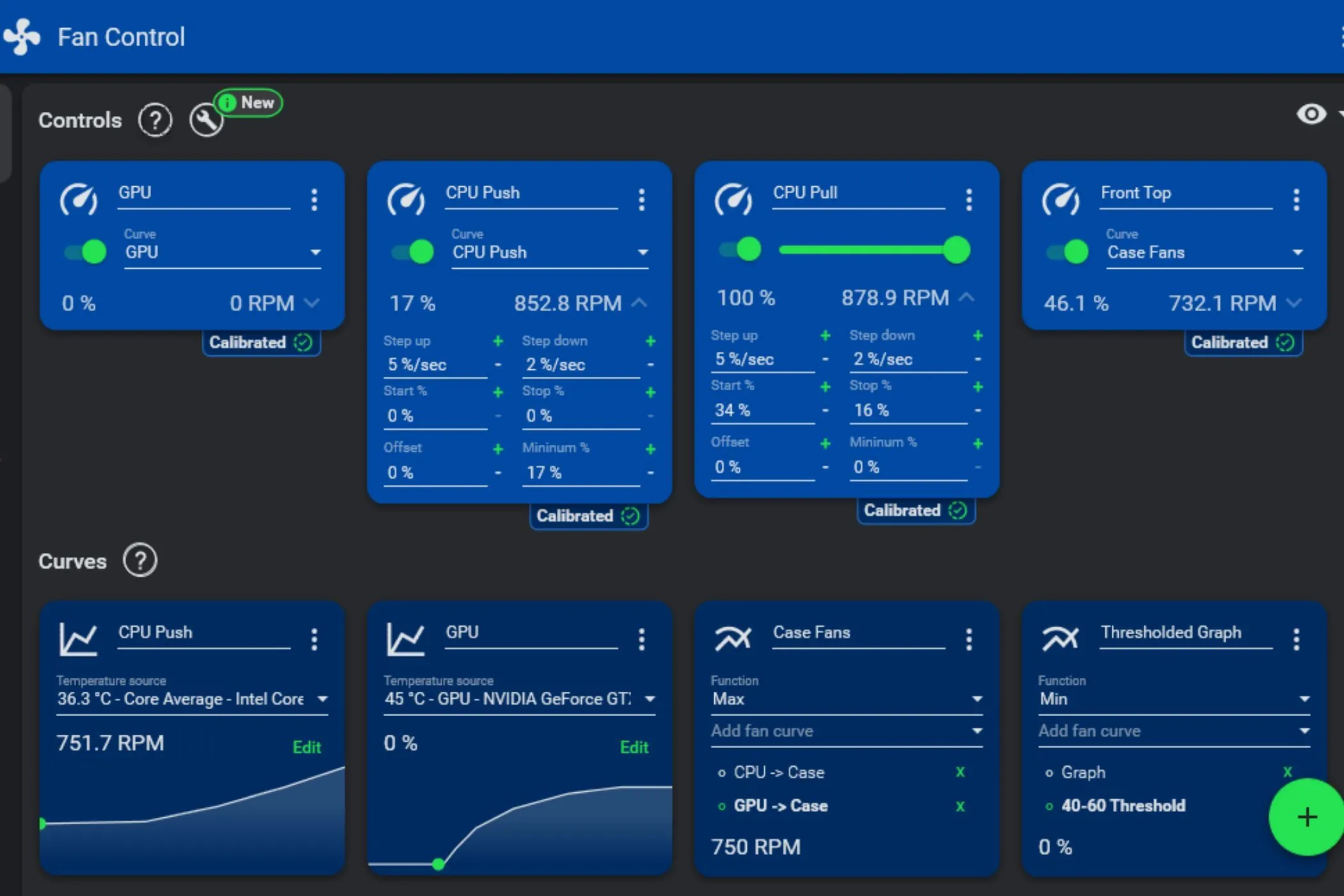 Giao diện ứng dụng FanControl trên Windows, hiển thị biểu đồ và cài đặt đường cong quạt tùy chỉnh cho CPU và GPU.