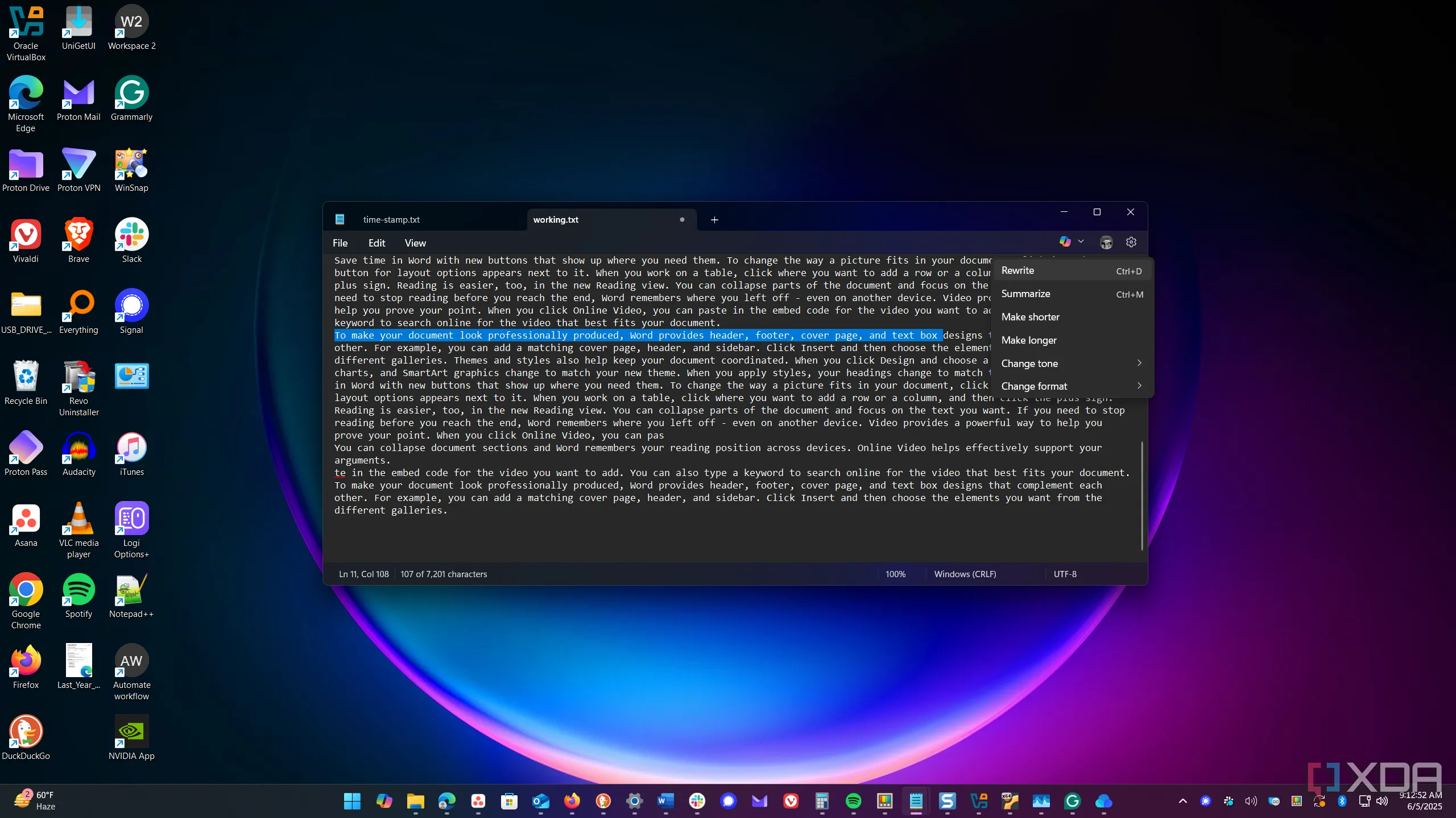 Giao diện ứng dụng Notepad mặc định đang chạy trên hệ điều hành Windows 11, hiển thị khả năng ghi chú cơ bản.