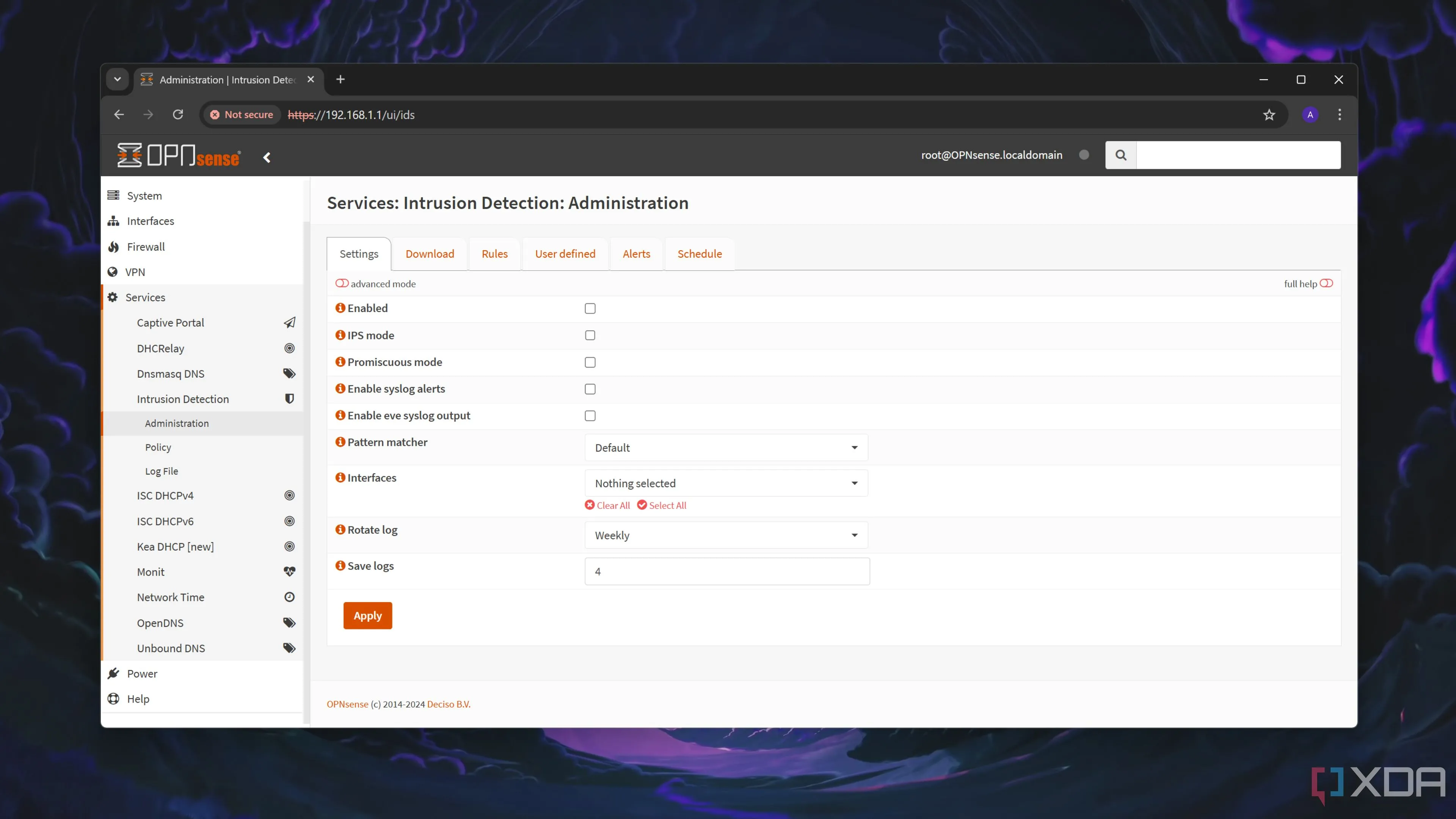 Giao diện web OPNsense với tab Phát hiện xâm nhập (Intrusion Detection), nơi cấu hình Suricata.