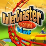 Góc nhìn toàn cảnh công viên trong RollerCoaster Tycoon, thể hiện đồ họa pixel chi tiết và sống động.