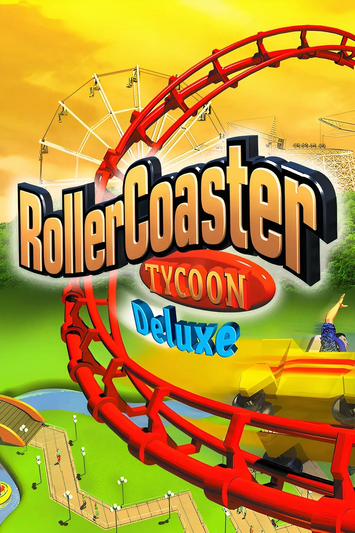 Góc nhìn toàn cảnh công viên trong RollerCoaster Tycoon, thể hiện đồ họa pixel chi tiết và sống động.