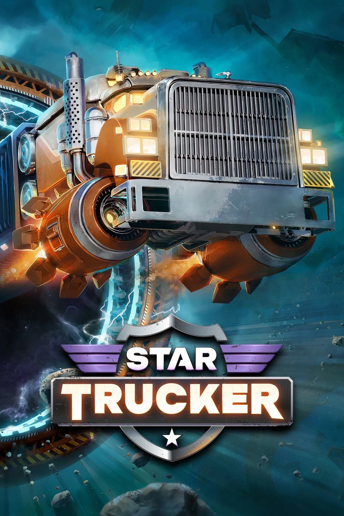 Góc nhìn từ buồng lái xe tải không gian trong Star Trucker, với các hành tinh và tàu vũ trụ khác phía ngoài, thể hiện hành trình vận chuyển hàng hóa giữa các thiên thể.