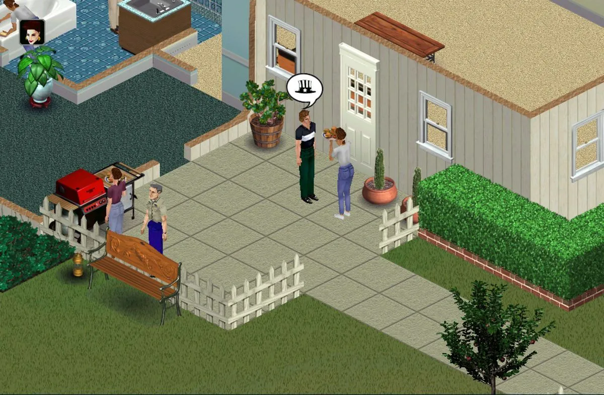 Góc nhìn từ trên cao trong gameplay The Sims, thể hiện khả năng xây dựng và sắp xếp nội thất