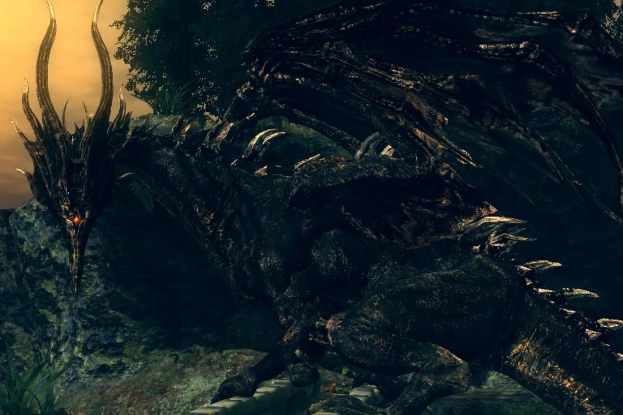 Hắc Long Kalameet, một trong những con rồng đáng sợ nhất Dark Souls, đang nhìn chằm chằm với đôi mắt rực lửa, sẵn sàng giáng họa xuống người chơi.