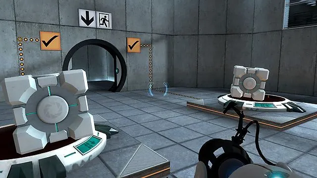 Hai khối lập phương được đặt trên các công tắc áp lực trong tựa game giải đố Portal, minh họa lối chơi tư duy độc đáo.