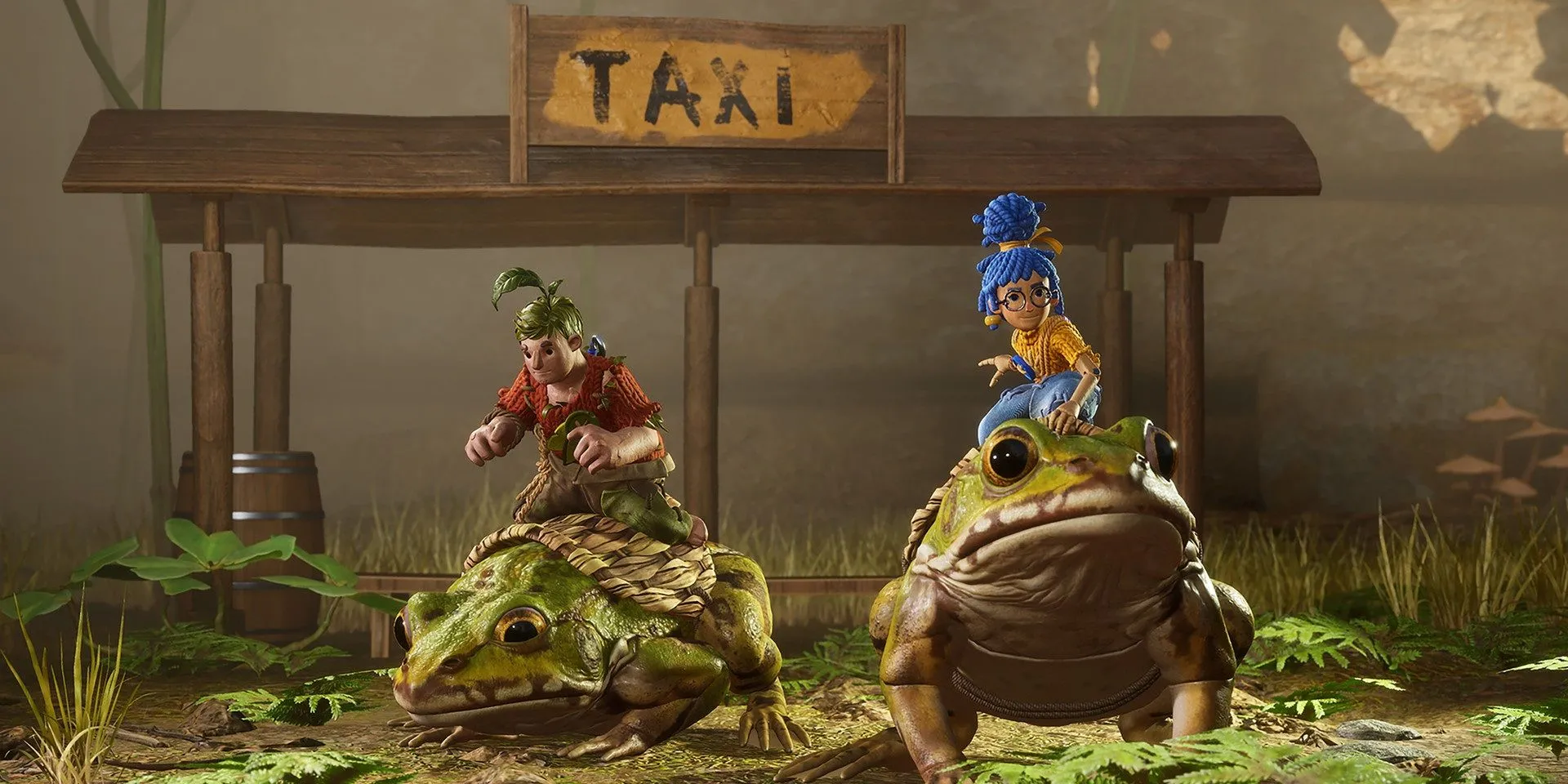 Hai người chơi It Takes Two đang cùng nhau giải đố trong một cảnh quan game đầy màu sắc.