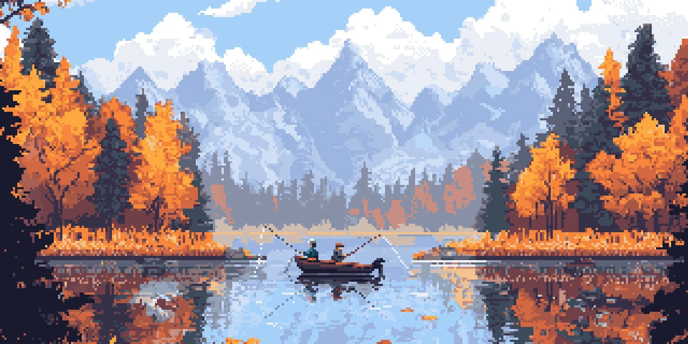 Hai nhân vật đang câu cá trên thuyền trong game Cast n Chill, thể hiện lối chơi thư giãn