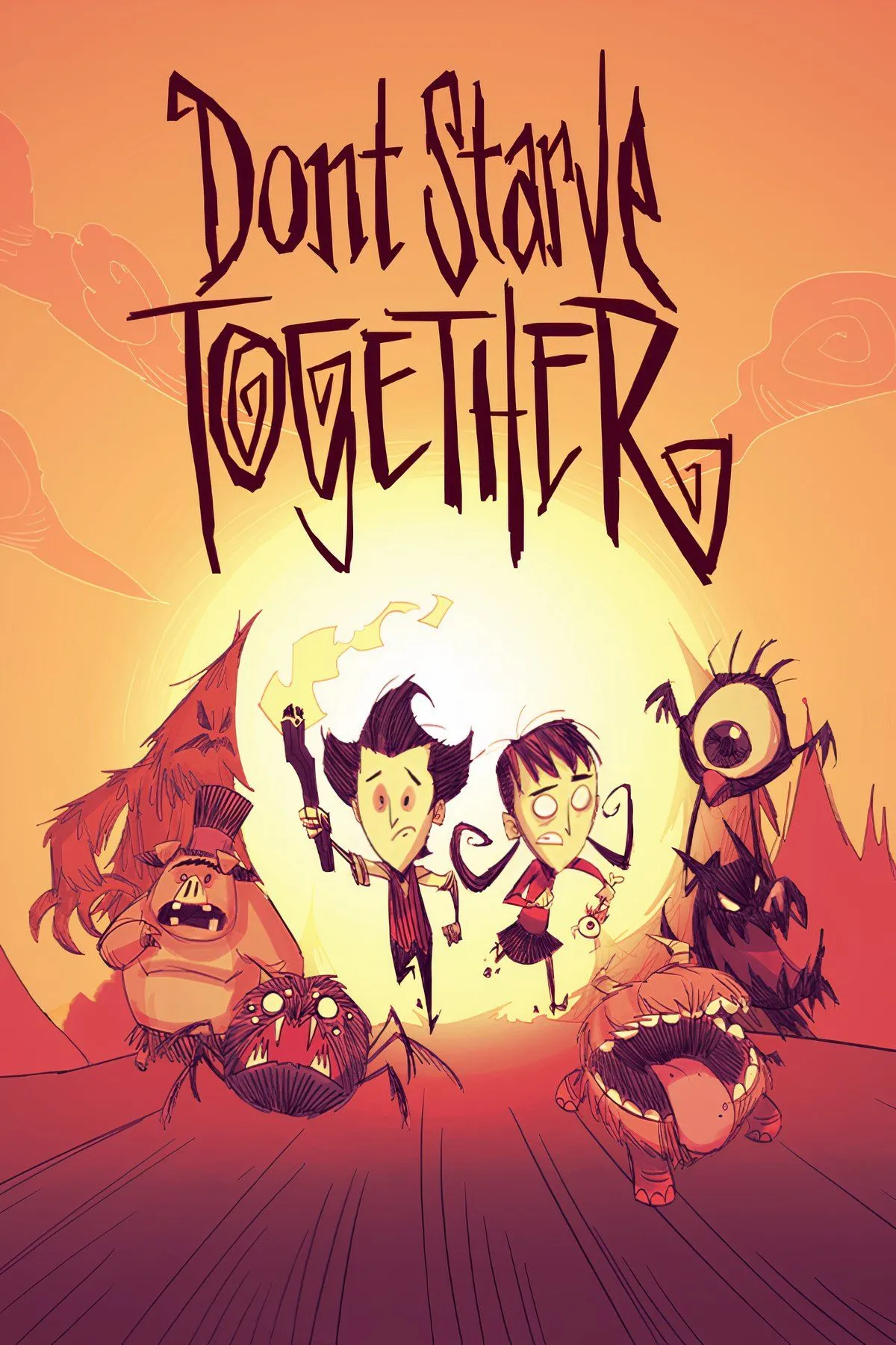 Hai nhân vật trong Don't Starve Together đang đối mặt với một con quái vật bóng tối trong khu rừng ma mị, minh họa đồ họa đặc trưng và yếu tố sinh tồn của game.