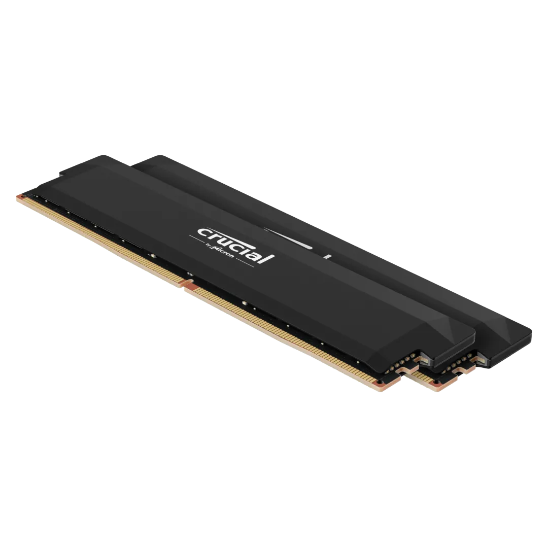 Hai thanh RAM Crucial Pro Overclocking DDR5-6000 có tản nhiệt màu đen và logo màu trắng