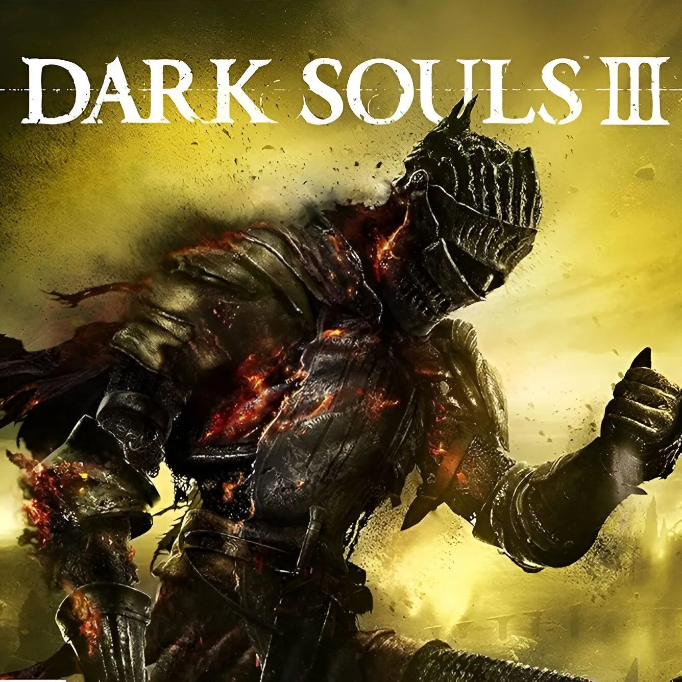 Hình ảnh bìa game Dark Souls III với nhân vật chính mặc áo giáp cầm kiếm đứng trước khung cảnh đổ nát, thể hiện sự khó khăn và thử thách trong trải nghiệm game nhập vai hành động này.