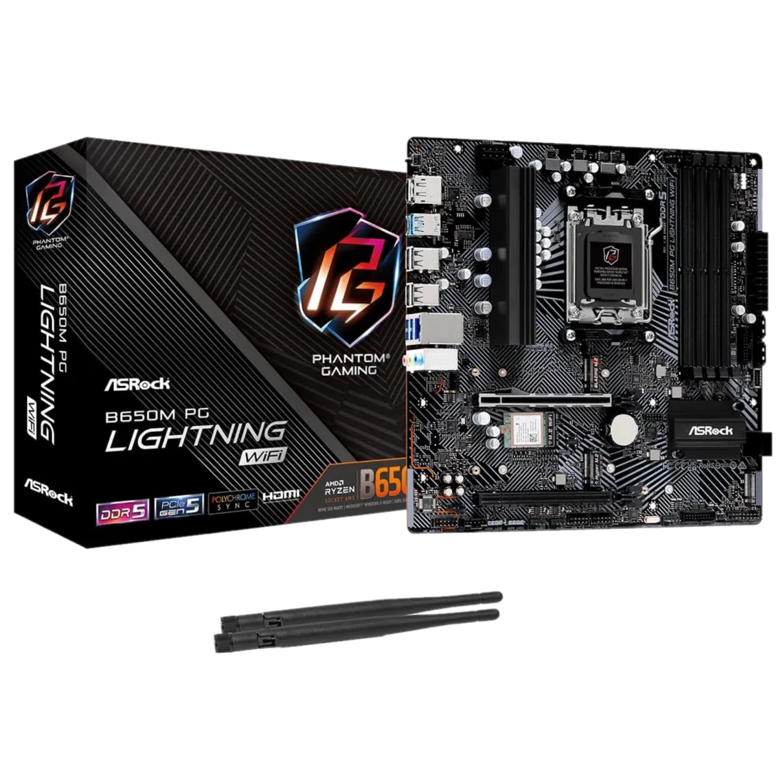 Hình ảnh bo mạch chủ ASRock B650M PG Lightning WiFi màu đen với hộp sản phẩm, thể hiện các khe cắm M.2 Gen5
