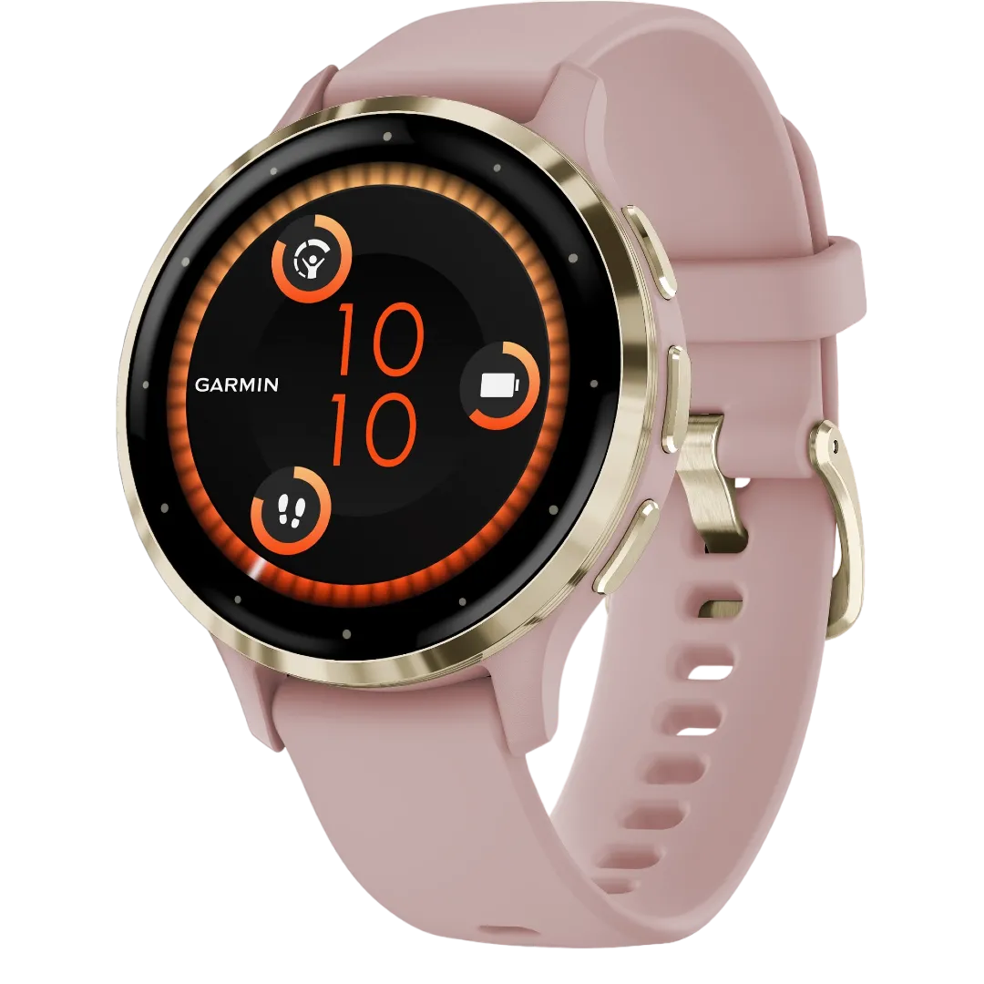 Hình ảnh cận cảnh đồng hồ thông minh Garmin Venu 3S với dây đeo màu hồng, nổi bật các tính năng theo dõi sức khỏe.