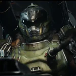 Hình ảnh Doom Slayer bên trong cỗ máy Atlan Mech trong Doom: The Dark Ages, minh họa đồ họa chi tiết của game.