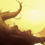 Hình ảnh gameplay game Bionic Bay với nhân vật đứng trên rễ cây khổng lồ, bối cảnh hoàng hôn tuyệt đẹp.