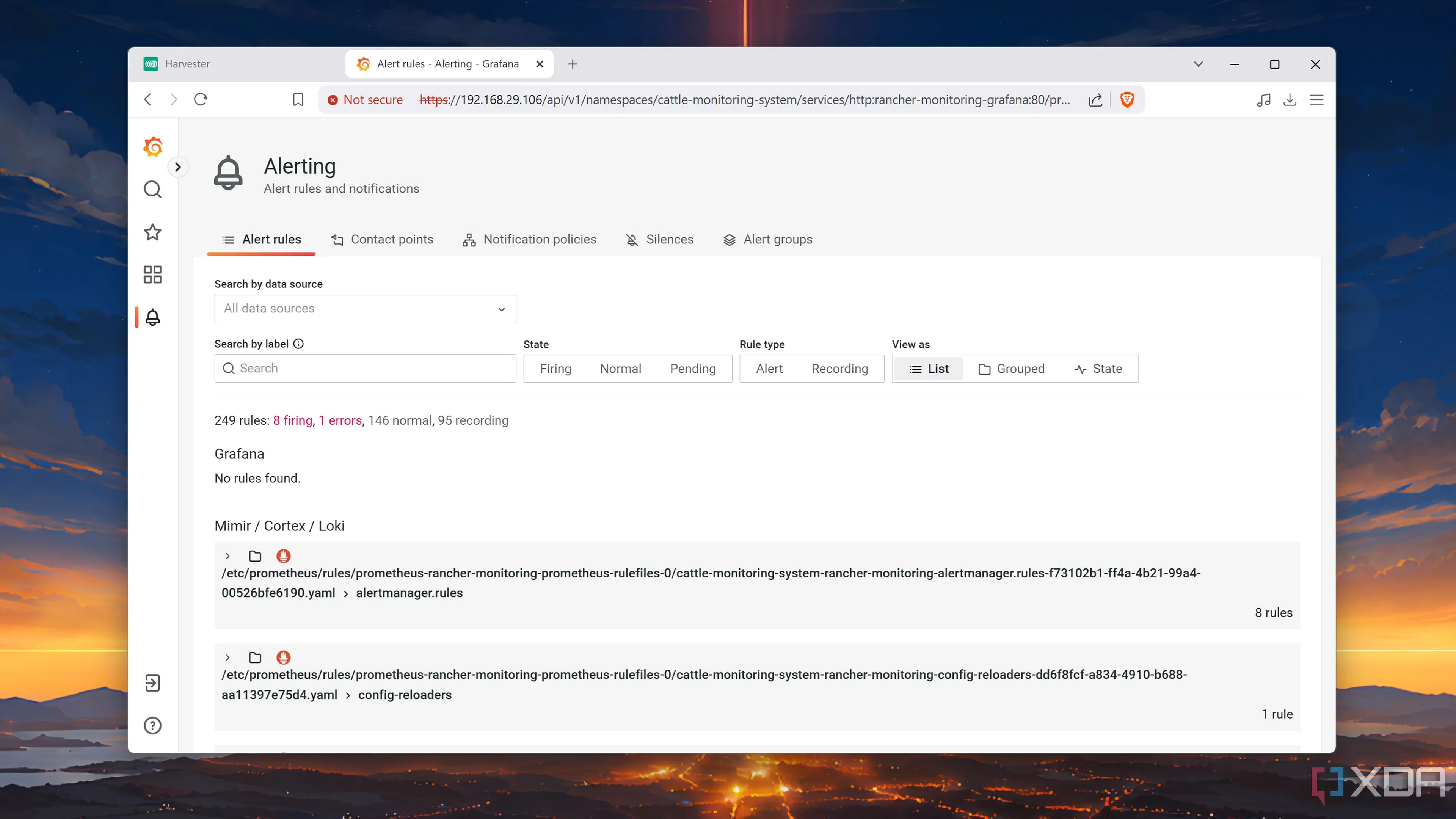 Hình ảnh giao diện của Prometheus và Grafana hoạt động tích hợp trong nền tảng ảo hóa Harvester để giám sát hiệu suất.