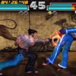 Hình ảnh Jin và Hwoarang đối đầu trong Tekken Tag Tournament, minh họa không gian chiến đấu 3D.