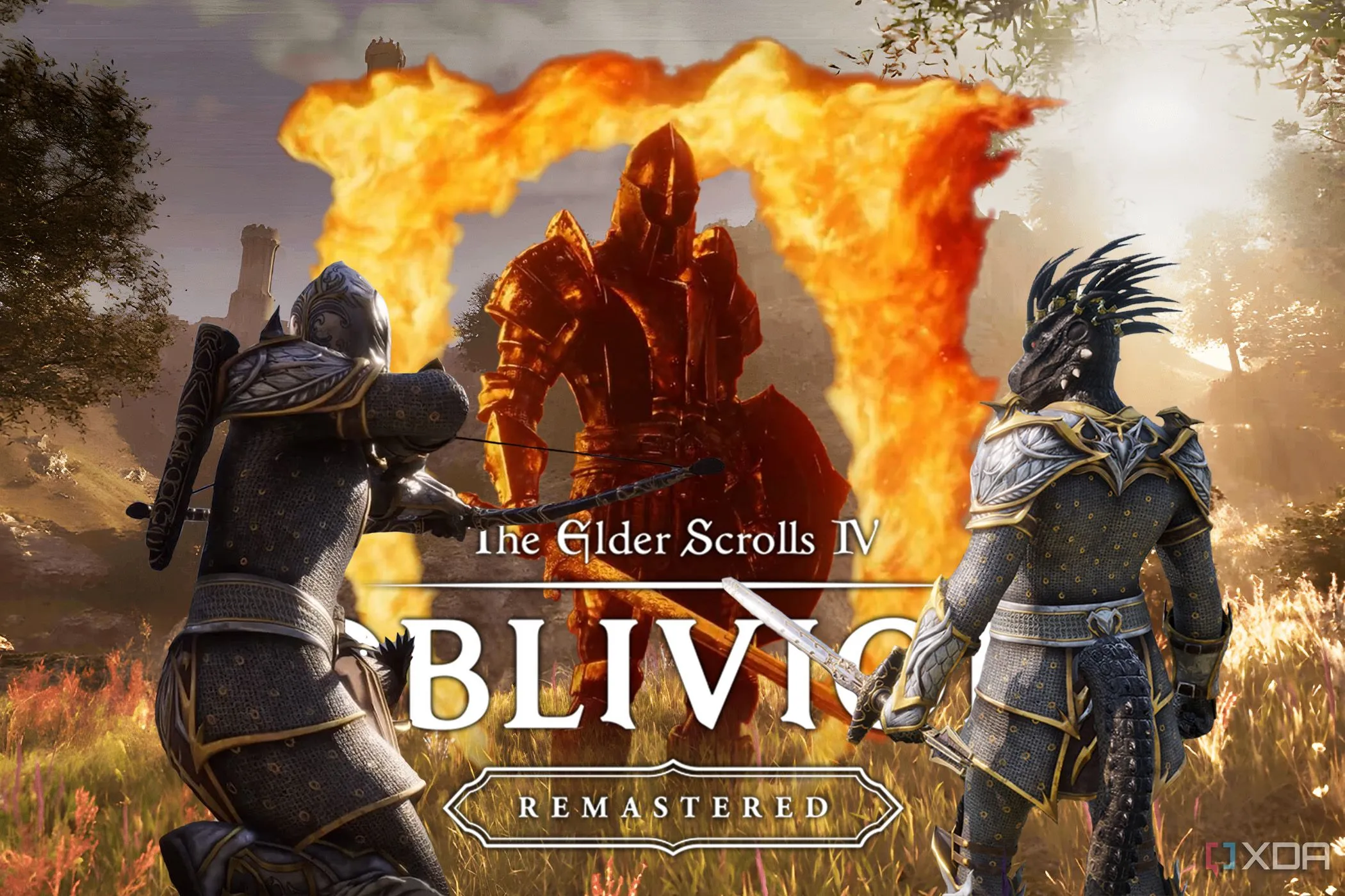 Hình ảnh logo Oblivion Remastered nổi bật cùng dàn nhân vật đặc trưng, minh họa cho trải nghiệm game The Elder Scrolls IV.