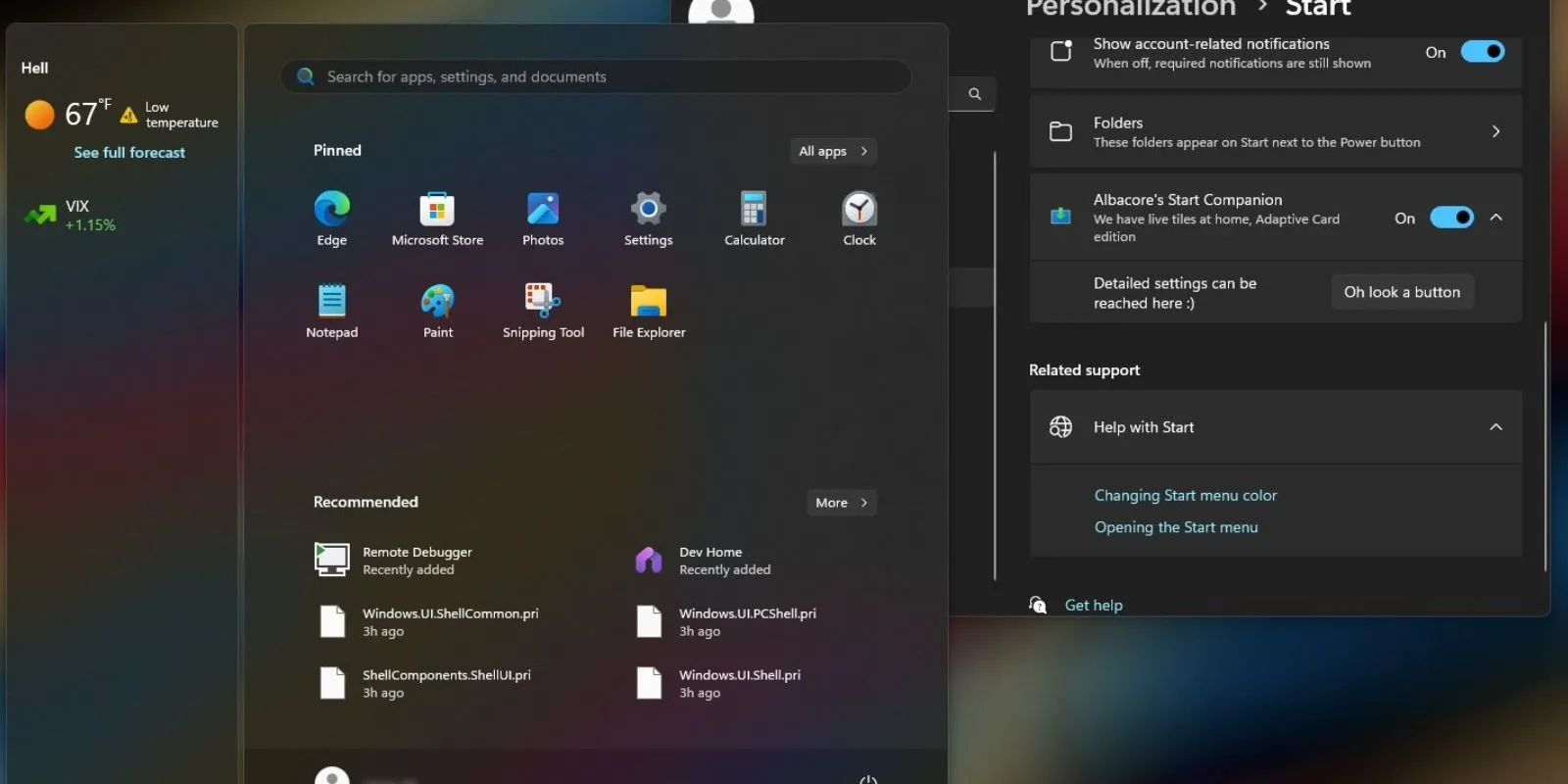 Hình ảnh minh họa bảng điều khiển đồng hành tùy chỉnh cho Start Menu Windows 11