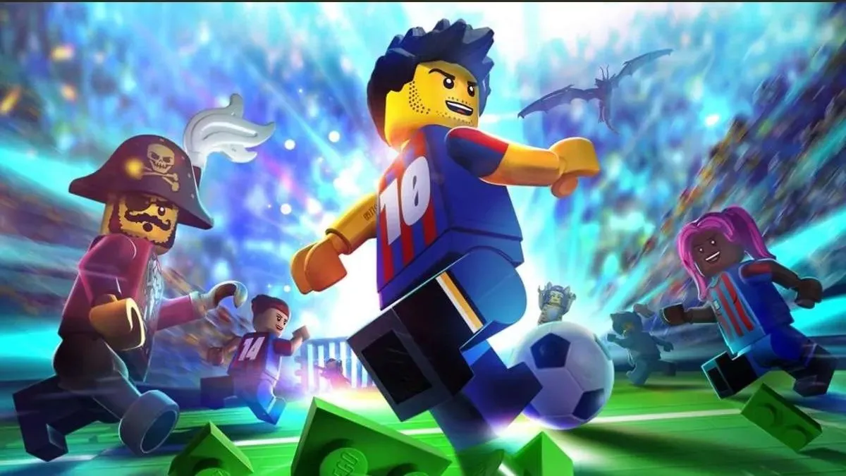 Hình ảnh nghệ thuật của game bóng đá LEGO 2K Goooal chưa công bố, thể hiện nhân vật LEGO đang chơi bóng đá sôi động